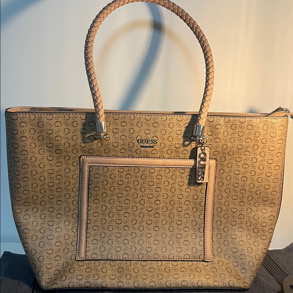 Guess Beige Monogram Tote - Handbag with Braided Handles New